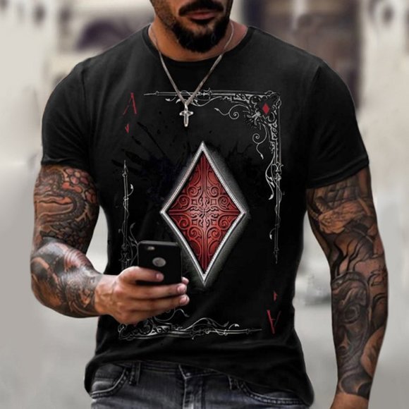 Men's Graphic Print T-Shirt Poker Card Ace of Diamonds Crew Neck - Short Sleeve - Picture 1 of 2